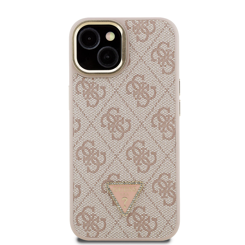 Guess iPhone 15 Orjinal Lisanslı PU Deri Taşlı Üçgen Logo 4G Desenli Kamera Standlı Kılıf