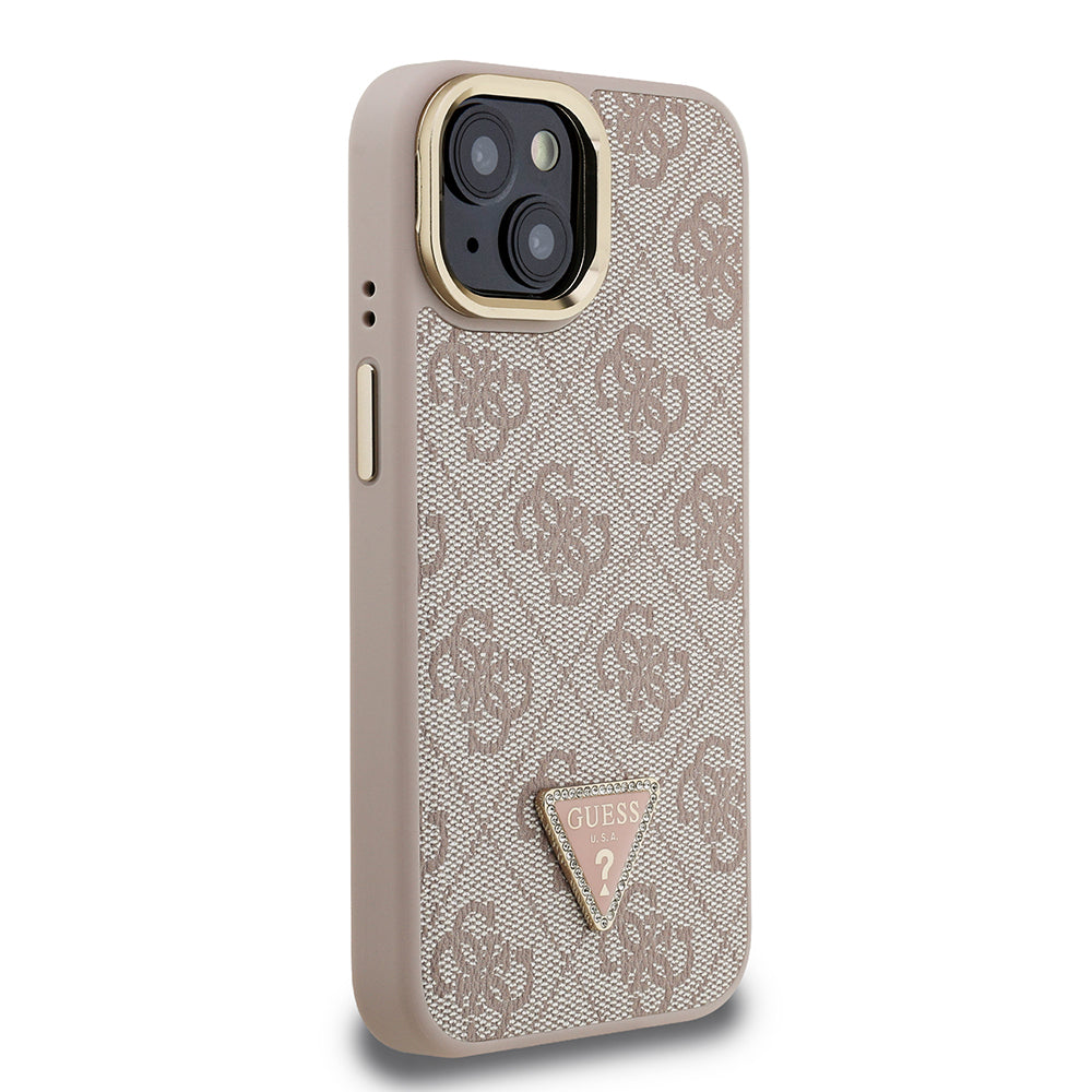 Guess iPhone 15 Orjinal Lisanslı PU Deri Taşlı Üçgen Logo 4G Desenli Kamera Standlı Kılıf