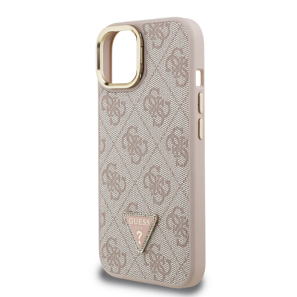 Guess iPhone 15 Orjinal Lisanslı PU Deri Taşlı Üçgen Logo 4G Desenli Kamera Standlı Kılıf