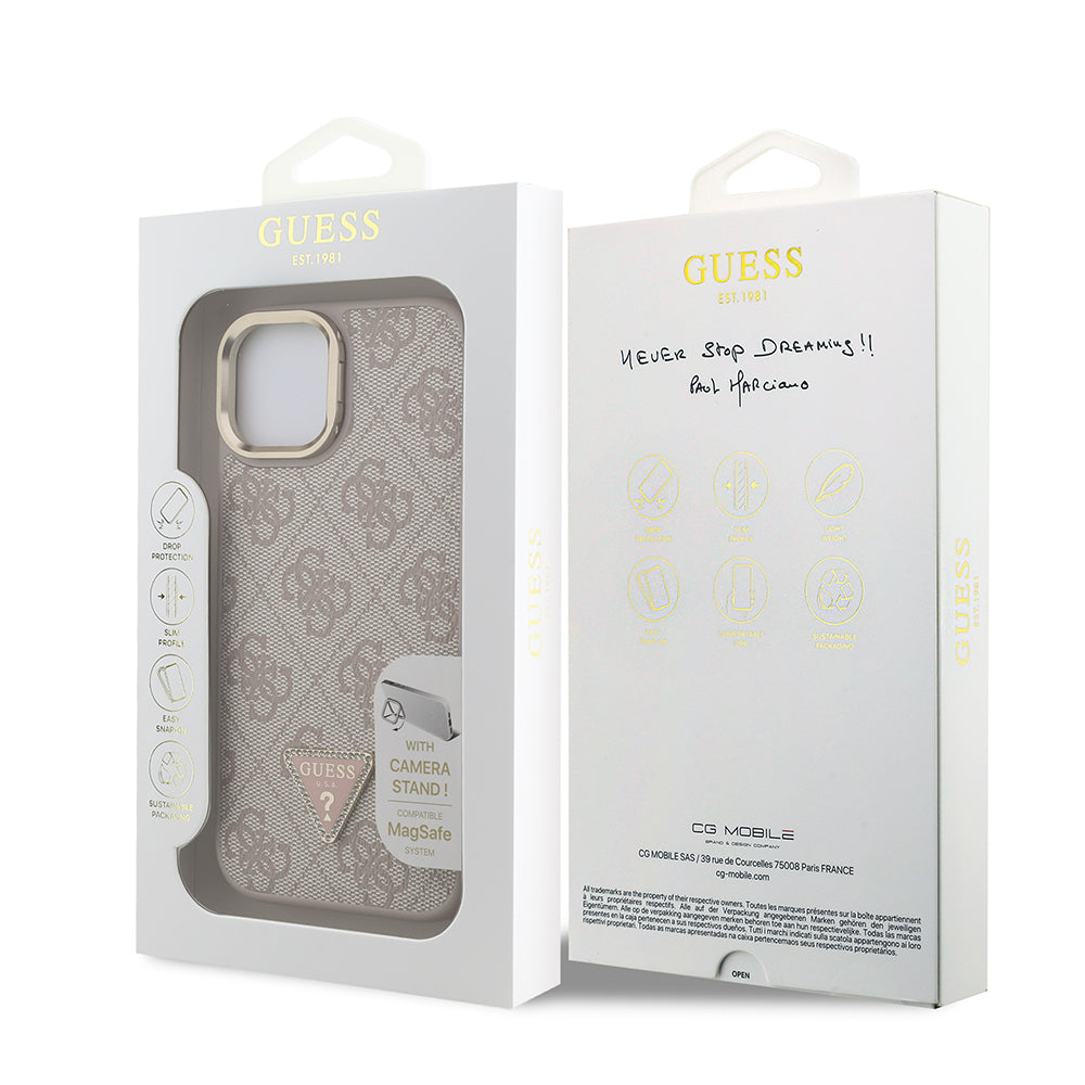 Guess iPhone 15 Orjinal Lisanslı PU Deri Taşlı Üçgen Logo 4G Desenli Kamera Standlı Kılıf