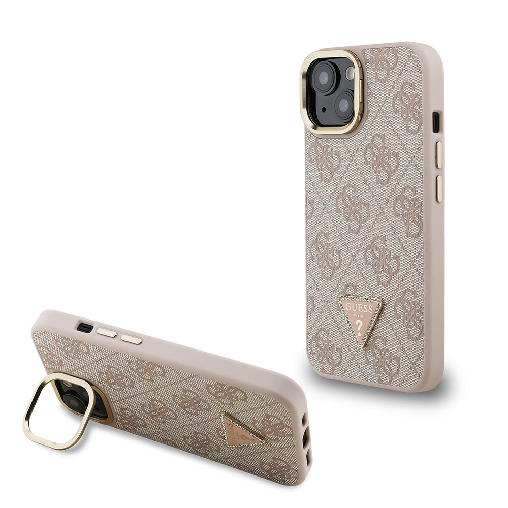 Guess iPhone 15 Orjinal Lisanslı PU Deri Taşlı Üçgen Logo 4G Desenli Kamera Standlı Kılıf