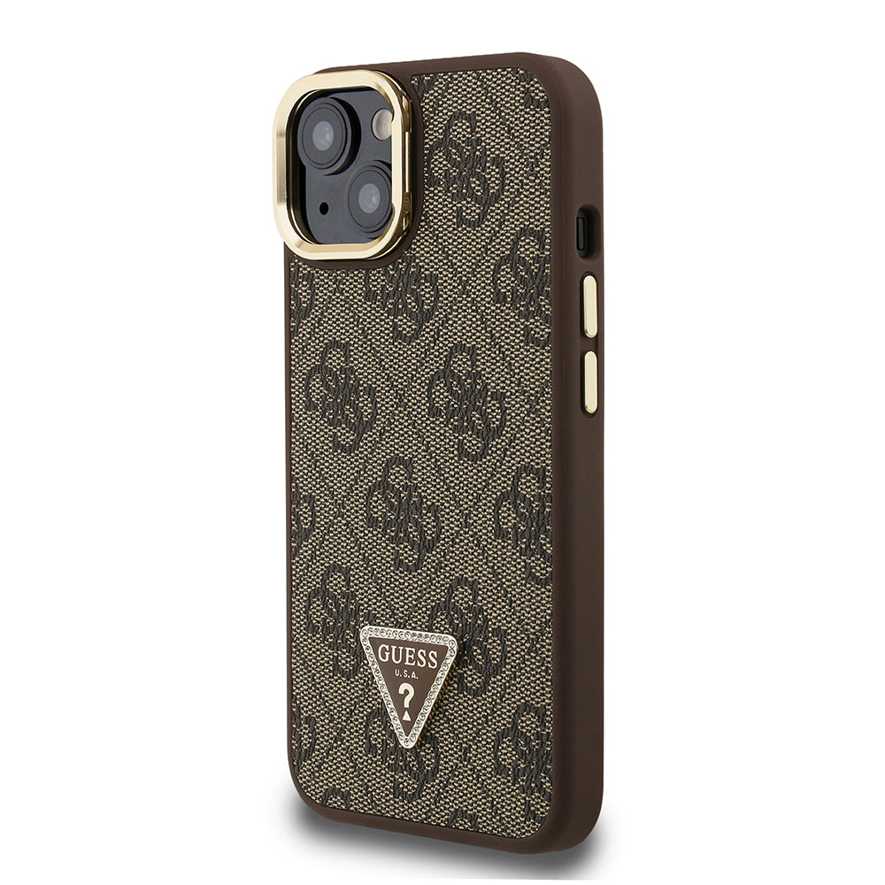 Guess iPhone 15 Orjinal Lisanslı PU Deri Taşlı Üçgen Logo 4G Desenli Kamera Standlı Kılıf