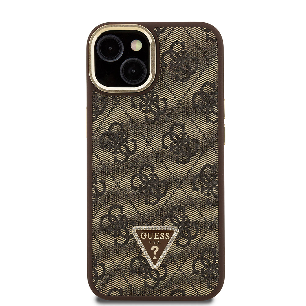 Guess iPhone 15 Orjinal Lisanslı PU Deri Taşlı Üçgen Logo 4G Desenli Kamera Standlı Kılıf