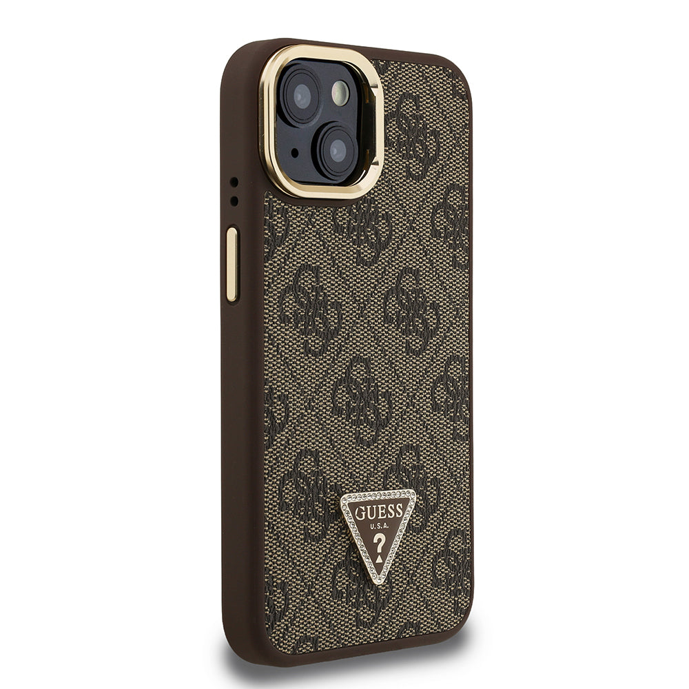 Guess iPhone 15 Orjinal Lisanslı PU Deri Taşlı Üçgen Logo 4G Desenli Kamera Standlı Kılıf