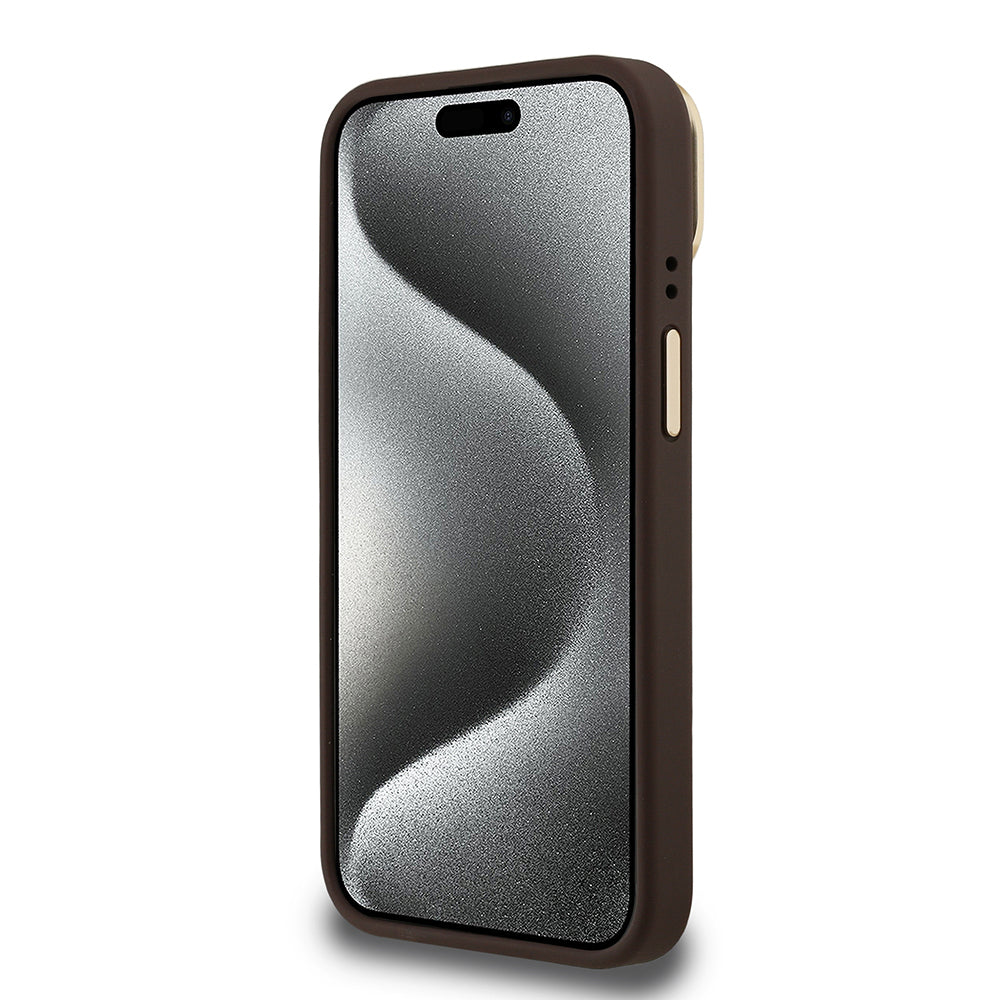 Guess iPhone 15 Orjinal Lisanslı PU Deri Taşlı Üçgen Logo 4G Desenli Kamera Standlı Kılıf