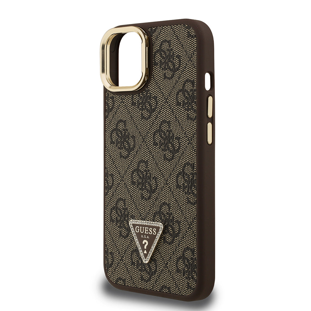Guess iPhone 15 Orjinal Lisanslı PU Deri Taşlı Üçgen Logo 4G Desenli Kamera Standlı Kılıf