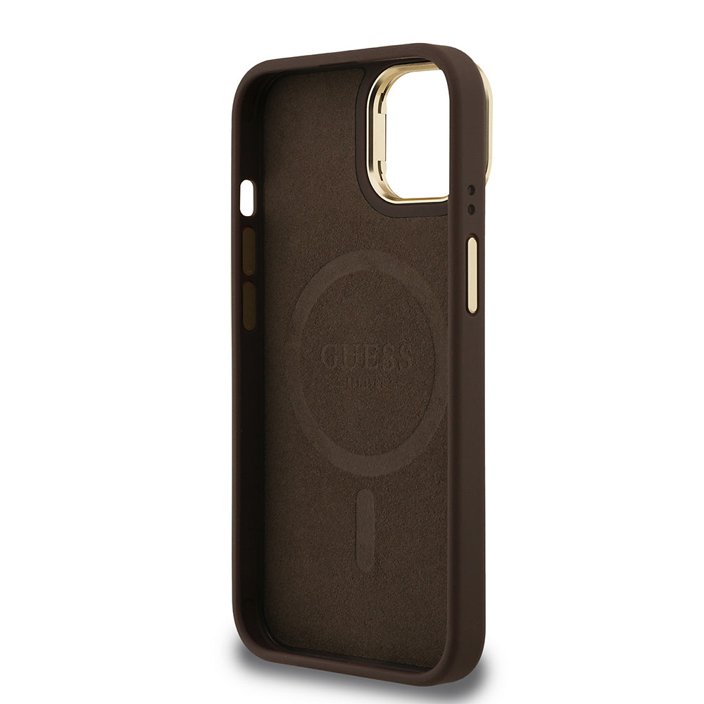 Guess iPhone 15 Orjinal Lisanslı PU Deri Taşlı Üçgen Logo 4G Desenli Kamera Standlı Kılıf