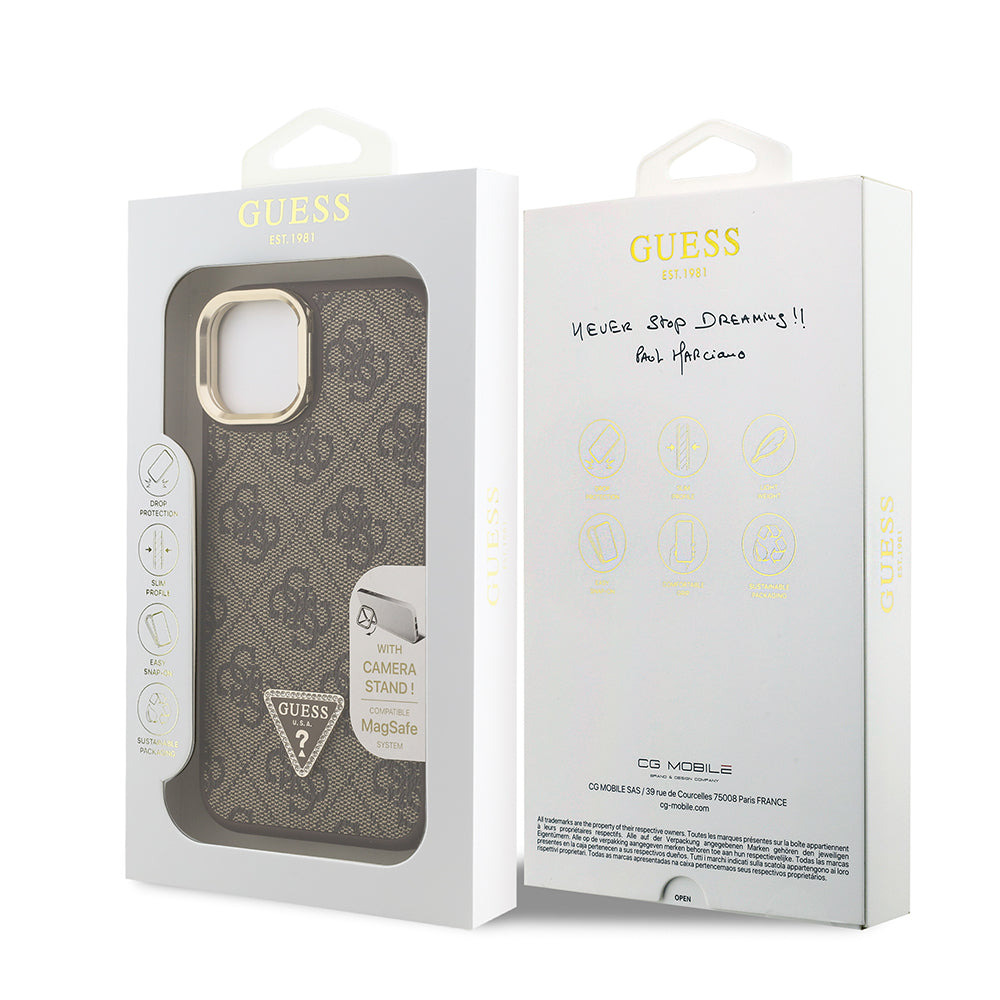 Guess iPhone 15 Orjinal Lisanslı PU Deri Taşlı Üçgen Logo 4G Desenli Kamera Standlı Kılıf