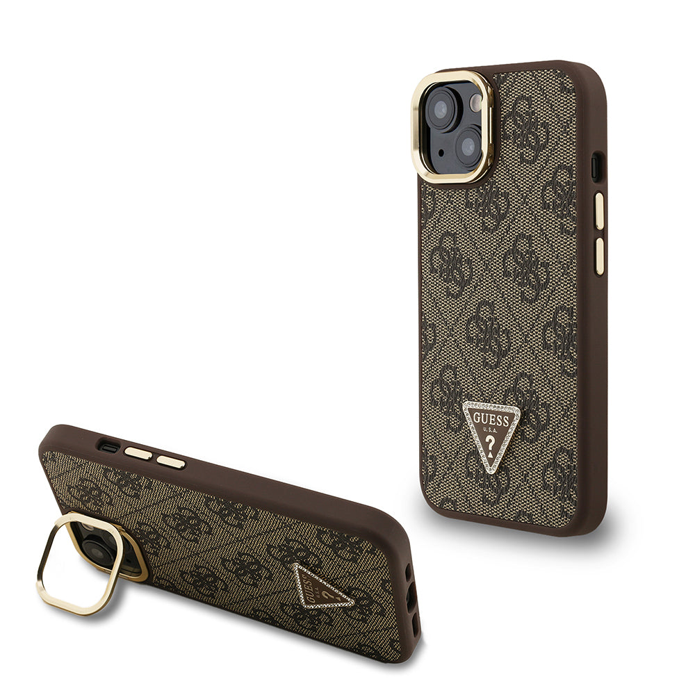 Guess iPhone 15 Orjinal Lisanslı PU Deri Taşlı Üçgen Logo 4G Desenli Kamera Standlı Kılıf