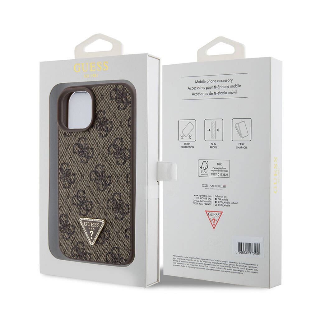 Guess iPhone 15 Orjinal Lisanslı PU Deri Taşlı Üçgen Logo 4G Desenli Strass Telefon Kılıfı - 13