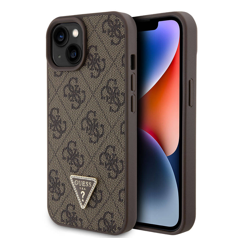 Guess iPhone 15 Orjinal Lisanslı PU Deri Taşlı Üçgen Logo 4G Desenli Strass Telefon Kılıfı - 14