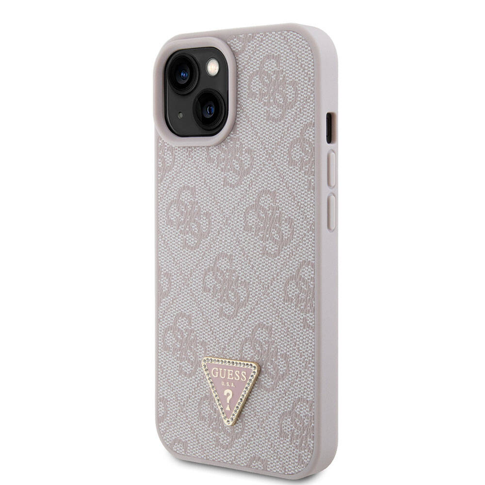 Guess iPhone 15 Orjinal Lisanslı PU Deri Taşlı Üçgen Logo 4G Desenli Strass Telefon Kılıfı - 16