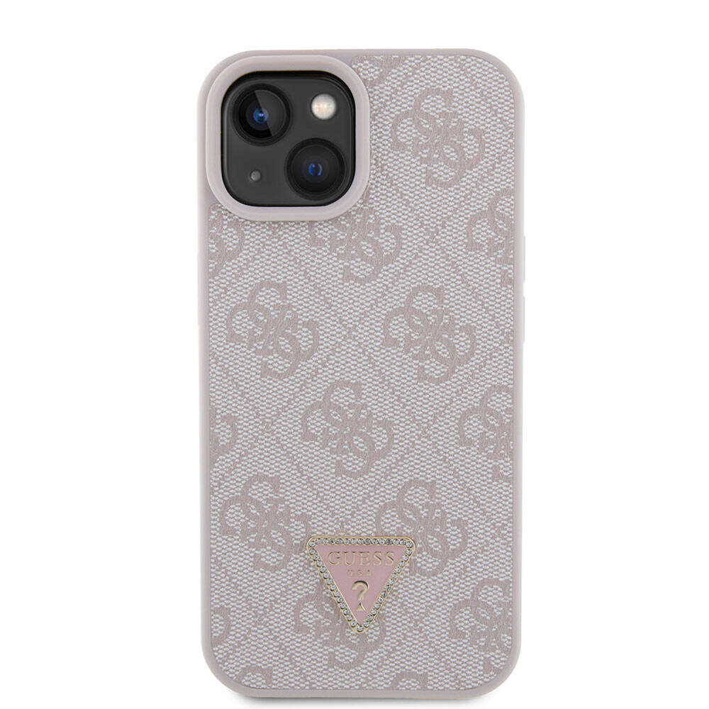 Guess iPhone 15 Orjinal Lisanslı PU Deri Taşlı Üçgen Logo 4G Desenli Strass Telefon Kılıfı - 17