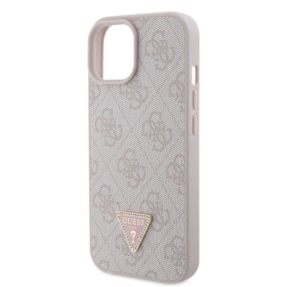 Guess iPhone 15 Orjinal Lisanslı PU Deri Taşlı Üçgen Logo 4G Desenli Strass Telefon Kılıfı - 19