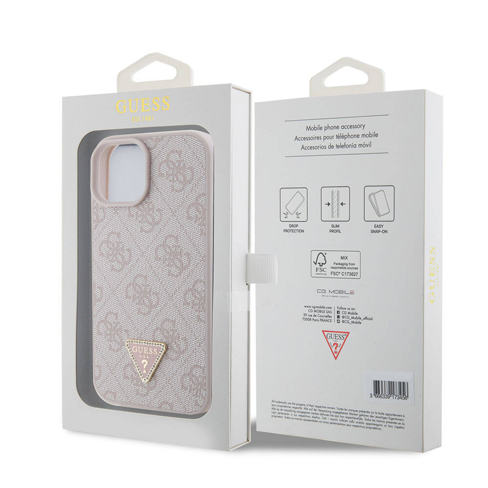 Guess iPhone 15 Orjinal Lisanslı PU Deri Taşlı Üçgen Logo 4G Desenli Strass Telefon Kılıfı - 21