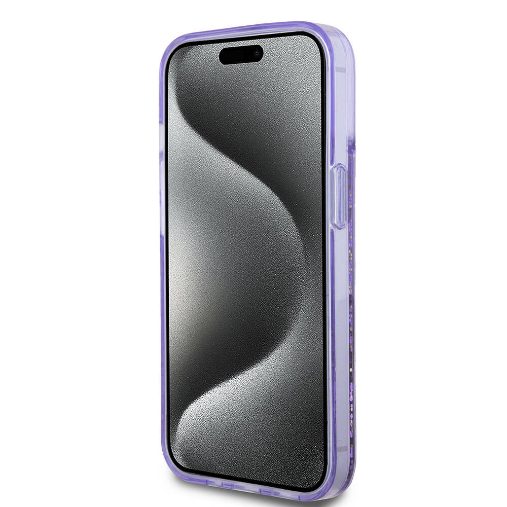 Guess iPhone 15 Orjinal Lisanslı Transparan Sıvılı Simli Altın Çizgili Kılıf