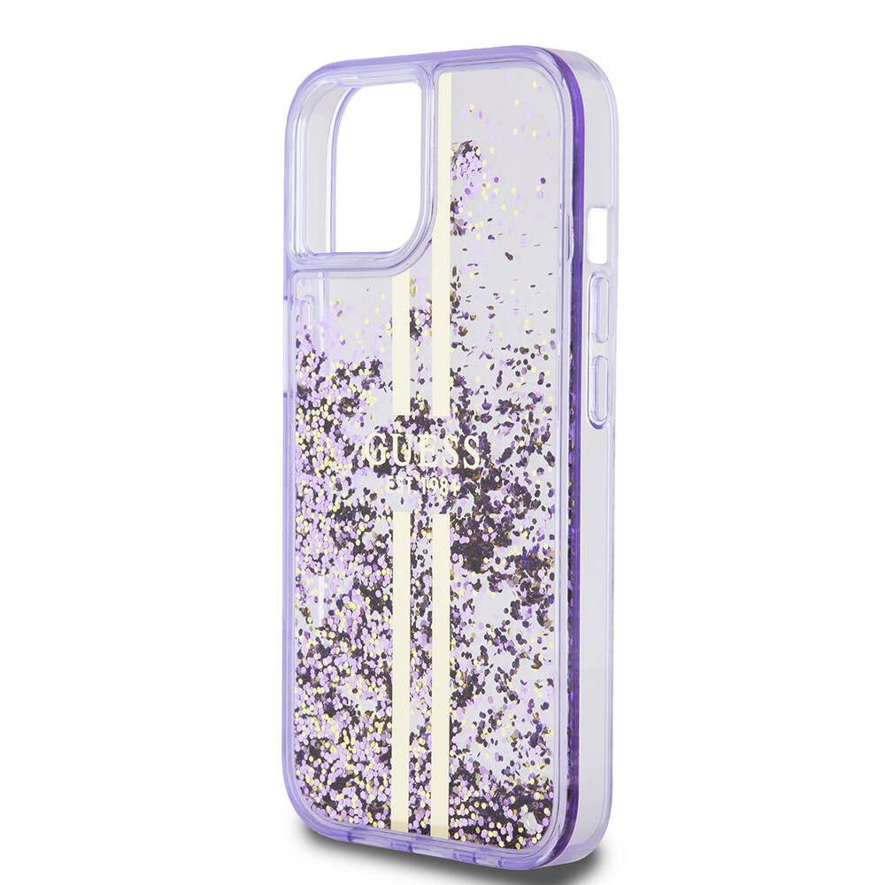 Guess iPhone 15 Orjinal Lisanslı Transparan Sıvılı Simli Altın Çizgili Kılıf