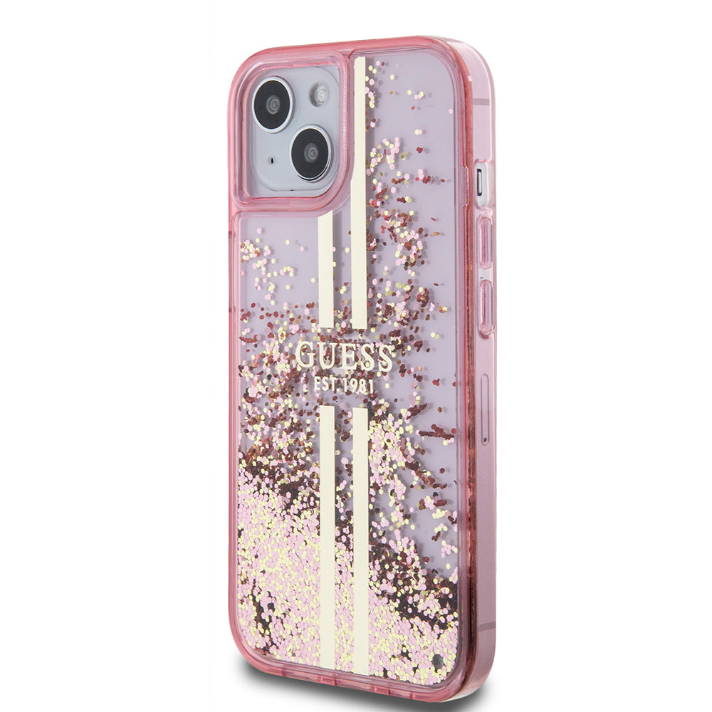 Guess iPhone 15 Orjinal Lisanslı Transparan Sıvılı Simli Altın Çizgili Kılıf