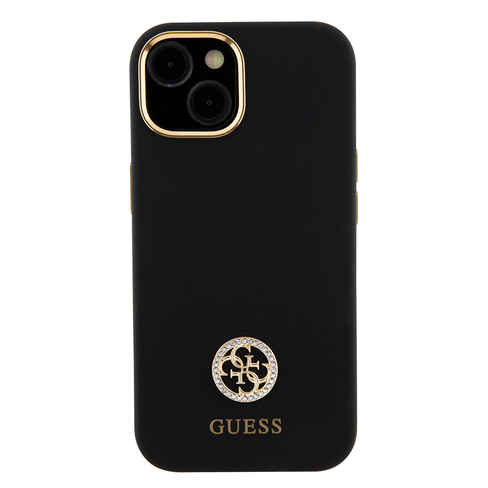 Guess iPhone 15 Orjinal Lisanslı Yazı ve Taşlı 4G Logolu Metal Kamera Çerçeveli Silikon Kılıf