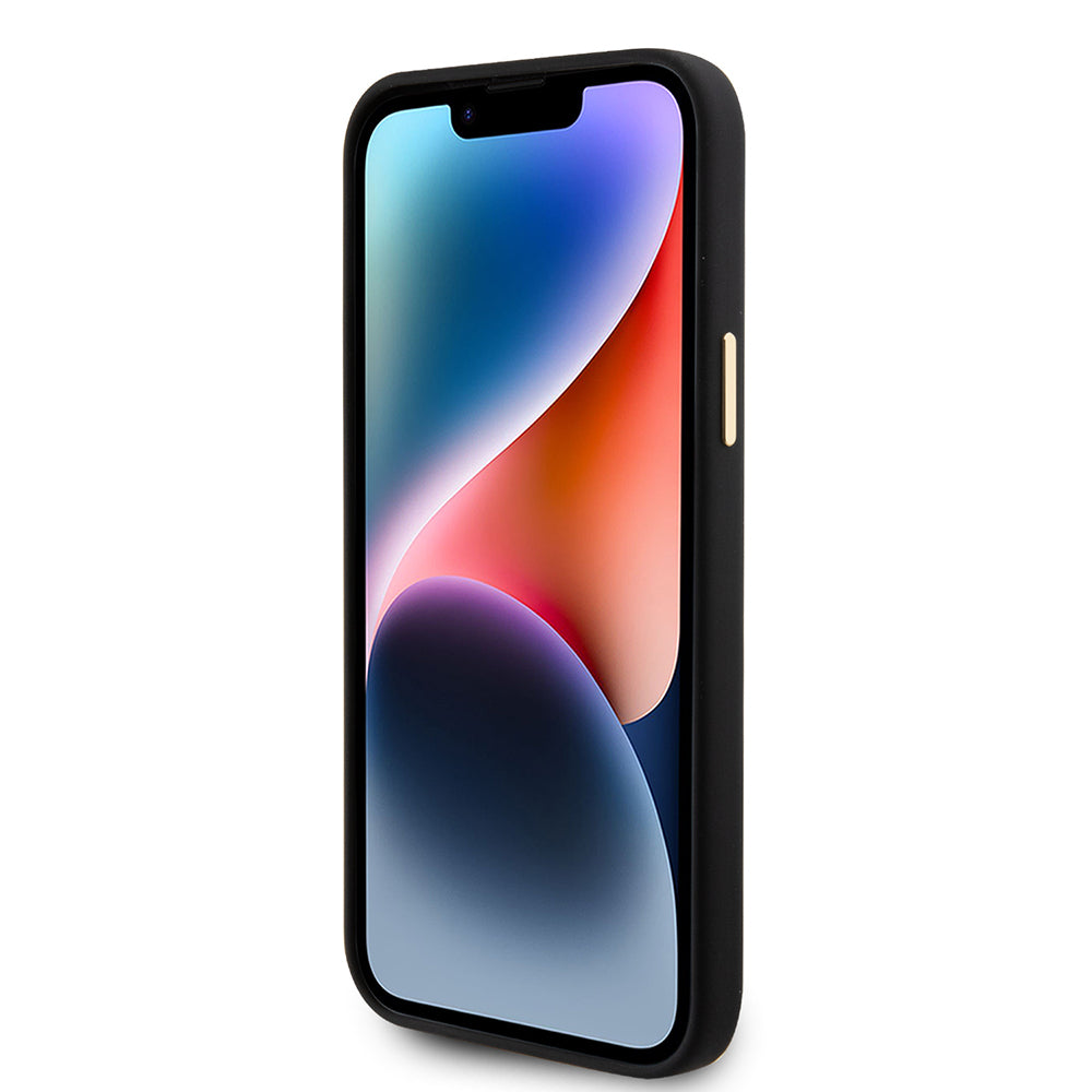 Guess iPhone 15 Orjinal Lisanslı Yazı ve Taşlı 4G Logolu Metal Kamera Çerçeveli Silikon Kılıf