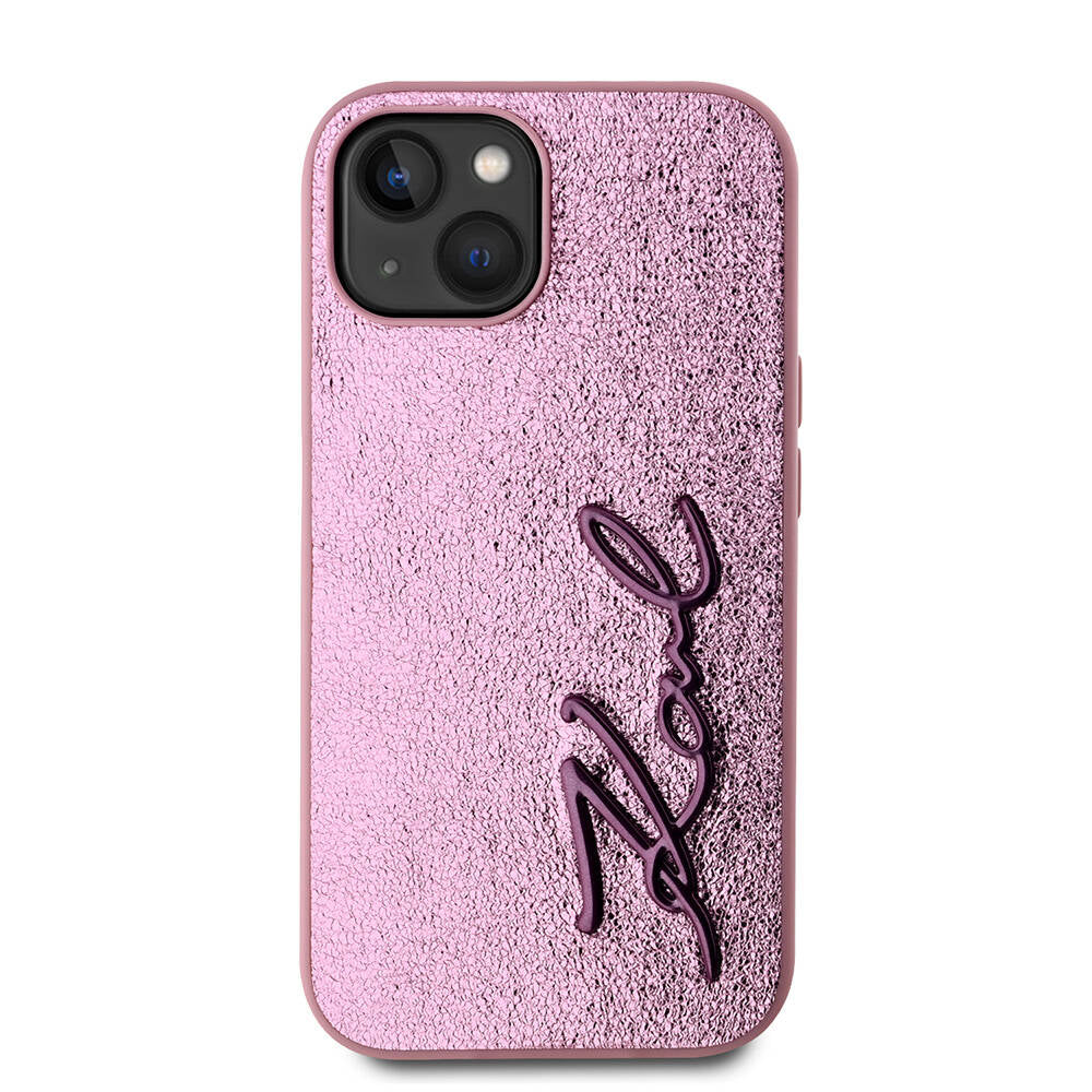 Karl Lagerfeld iPhone 15 Orjinal Lisanslı 3D KL Yazılı Tüylü Arka Yüzey Saffiano Rhinestones Telefon Kılıfı - 3