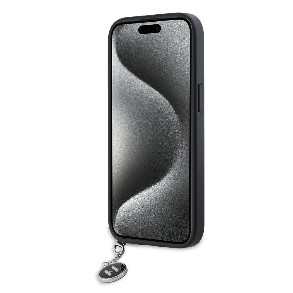 Karl Lagerfeld iPhone 15 Orjinal Lisanslı Anahtarlıklı Taşlı KL Yazılı Saffiano Rhinestones Telefon Kılıfı - 5