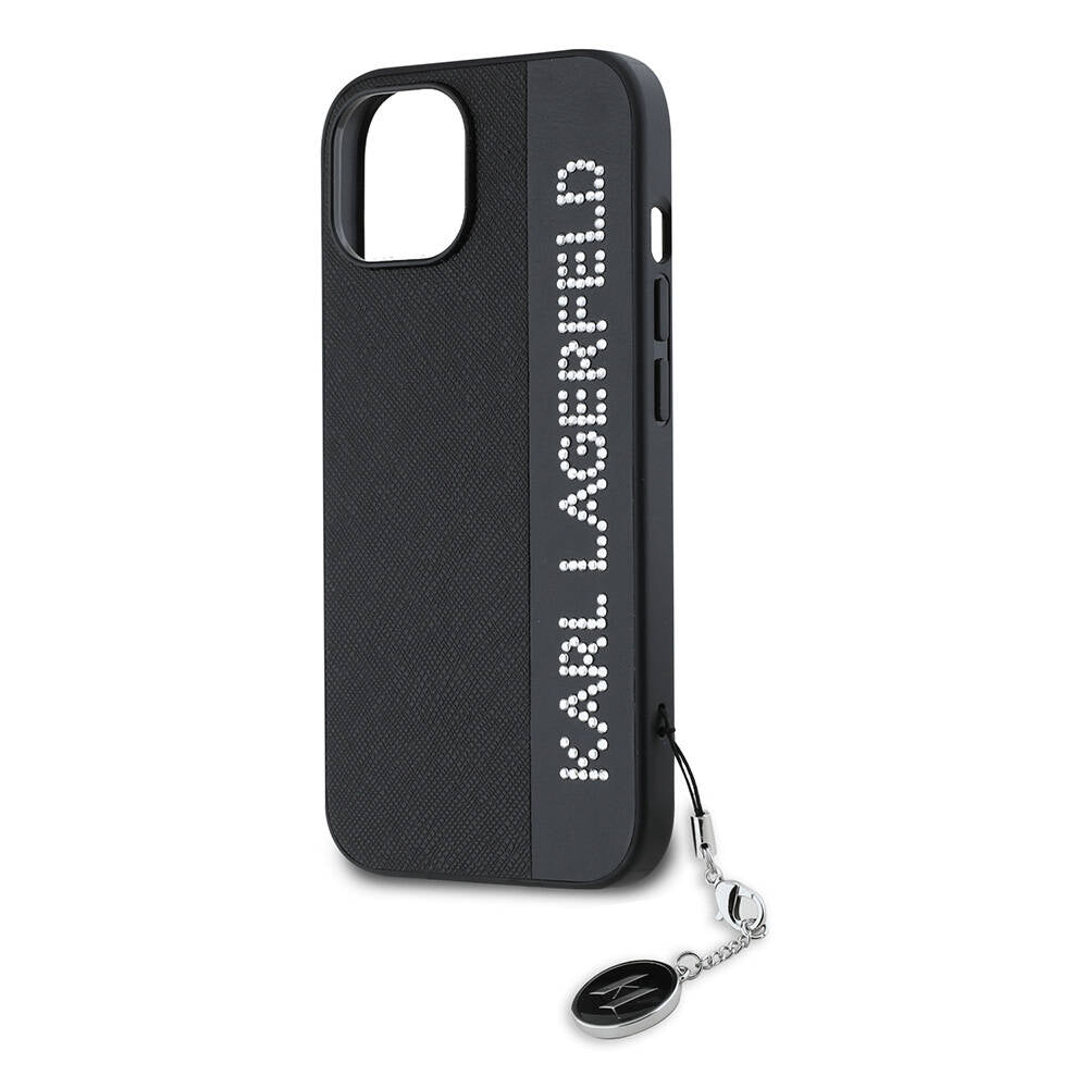 Karl Lagerfeld iPhone 15 Orjinal Lisanslı Anahtarlıklı Taşlı KL Yazılı Saffiano Rhinestones Telefon Kılıfı - 6