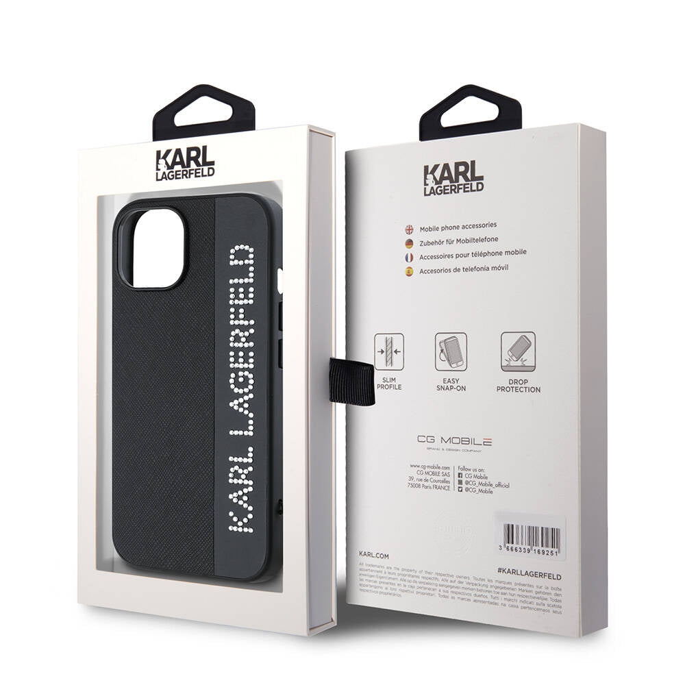 Karl Lagerfeld iPhone 15 Orjinal Lisanslı Anahtarlıklı Taşlı KL Yazılı Saffiano Rhinestones Telefon Kılıfı - 8