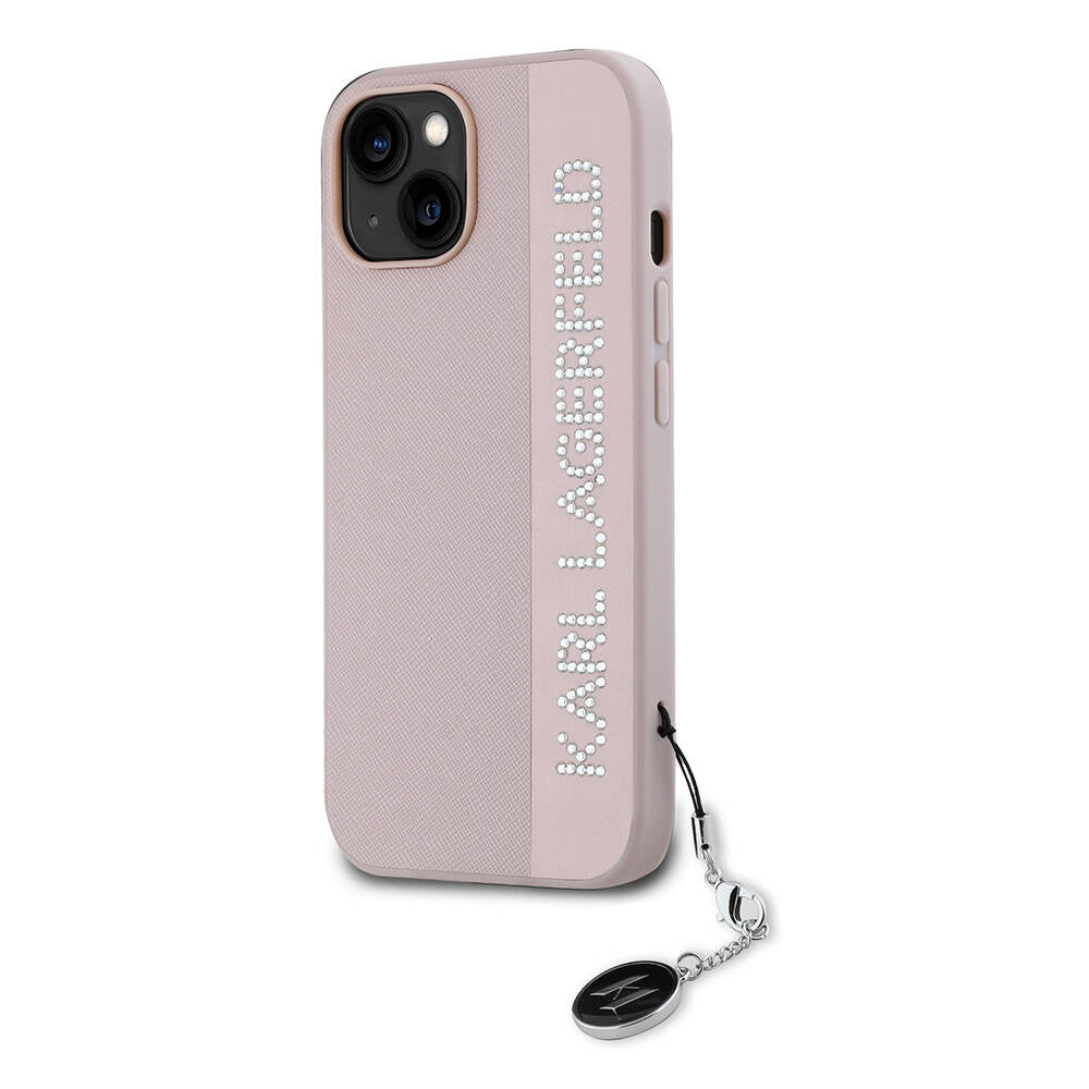 Karl Lagerfeld iPhone 15 Orjinal Lisanslı Anahtarlıklı Taşlı KL Yazılı Saffiano Rhinestones Telefon Kılıfı - 10