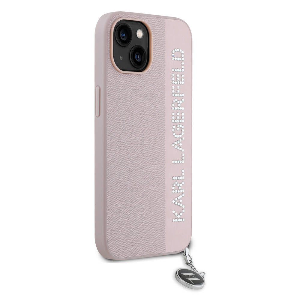 Karl Lagerfeld iPhone 15 Orjinal Lisanslı Anahtarlıklı Taşlı KL Yazılı Saffiano Rhinestones Telefon Kılıfı - 12