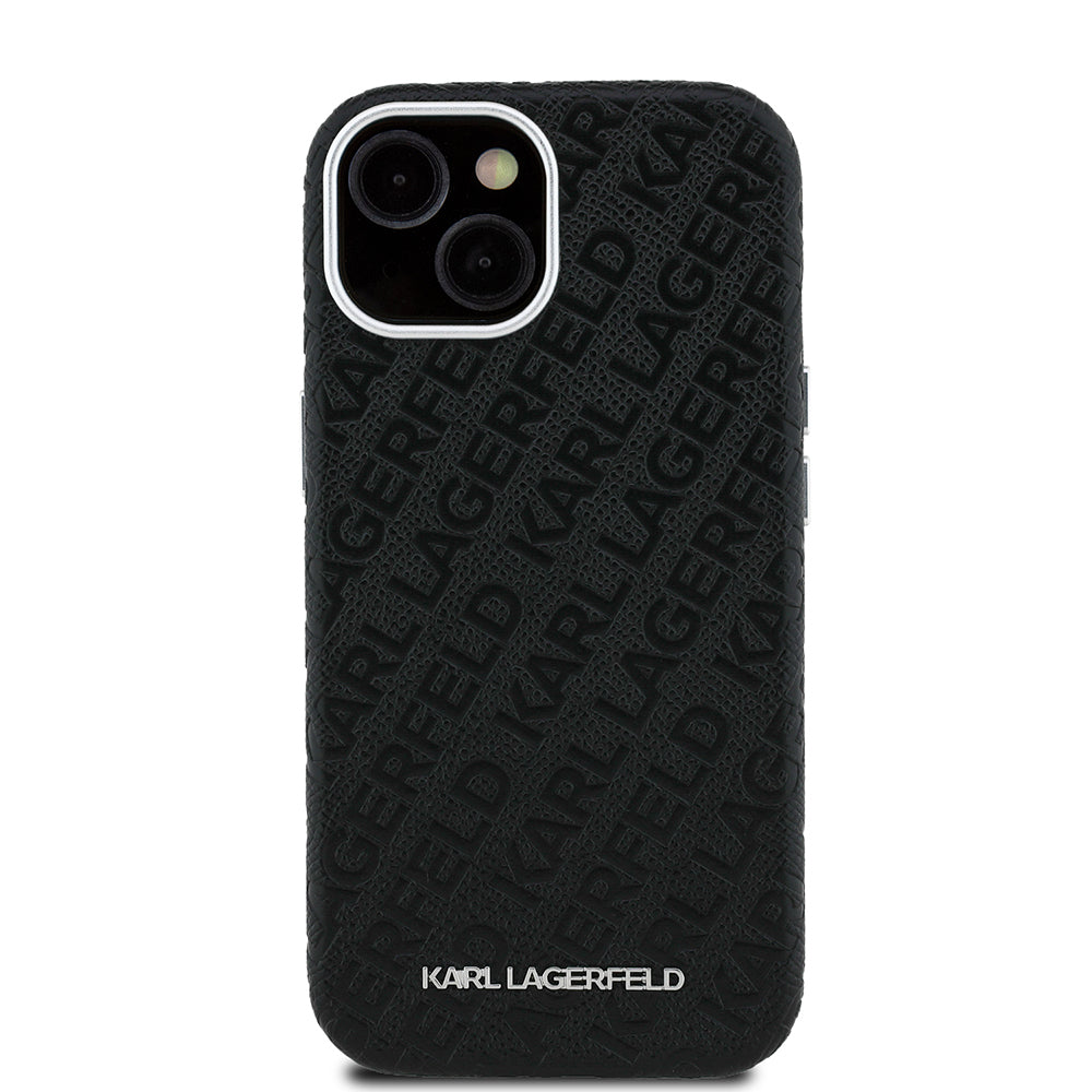 Karl Lagerfeld iPhone 15 Orjinal Lisanslı PU Deri Damgalı Metal Yazı Logolu Telefon Kılıfı