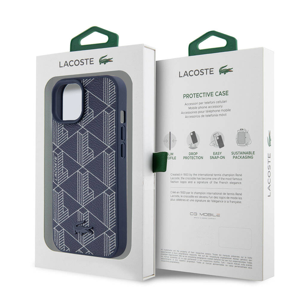 Lacoste iPhone 15 Orjinal Lisanslı M-safe Şarj Özellikli PU Deri Görünümlü Karışık Monogram Desenli Kılıf