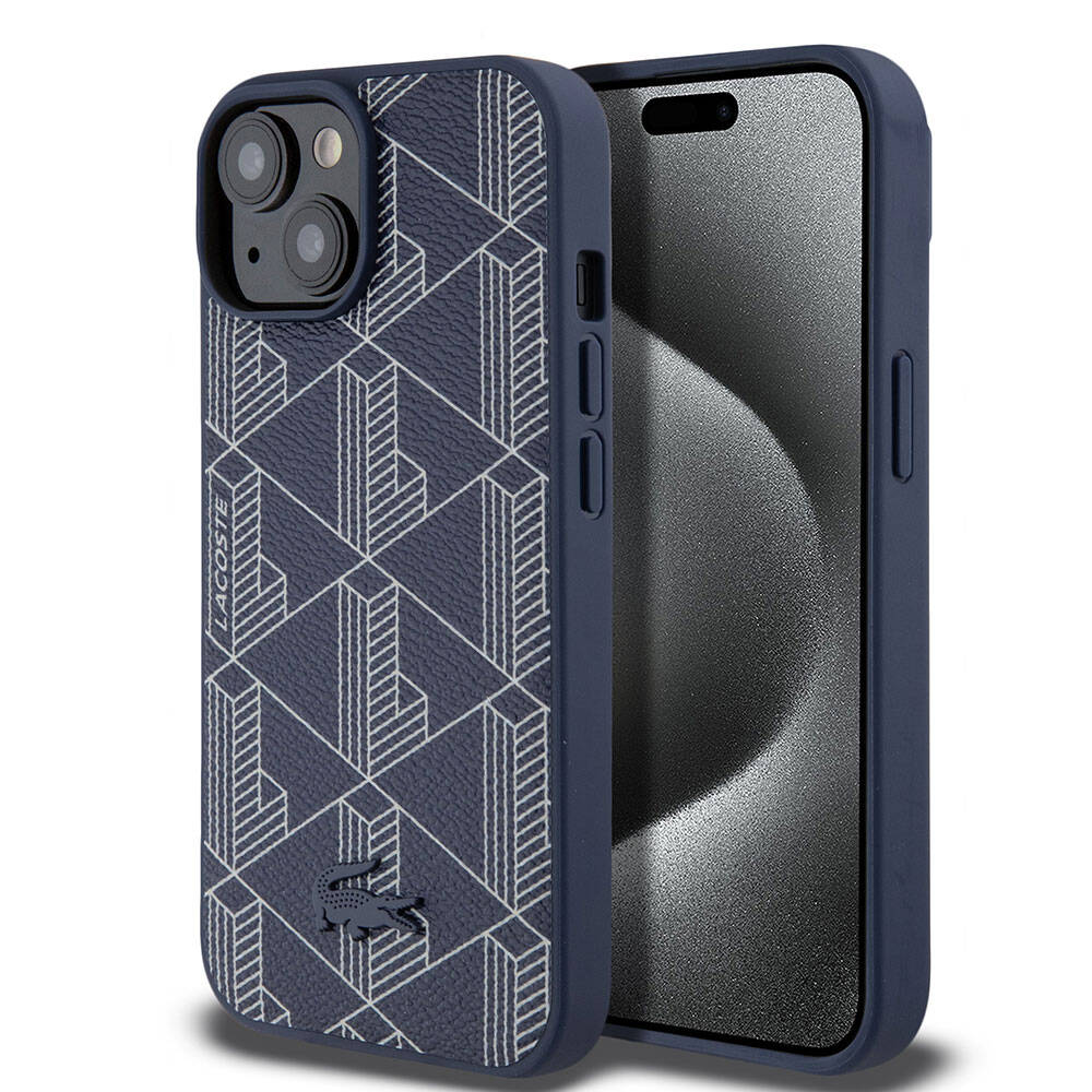 Lacoste iPhone 15 Orjinal Lisanslı M-safe Şarj Özellikli PU Deri Görünümlü Karışık Monogram Desenli Kılıf