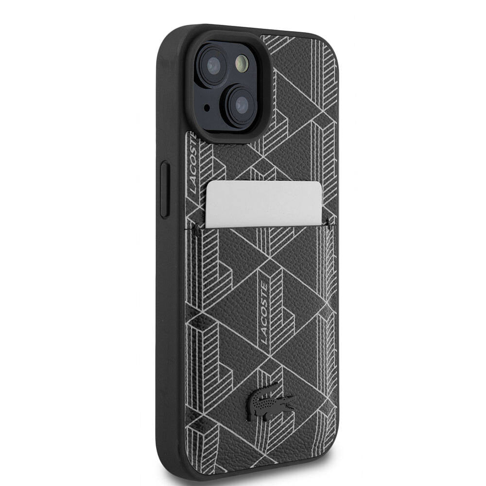 Lacoste iPhone 15 Orjinal Lisanslı PU Deri Görünümlü Kartlıklı Karışık Monogram Desenli Magsafe Kılıf