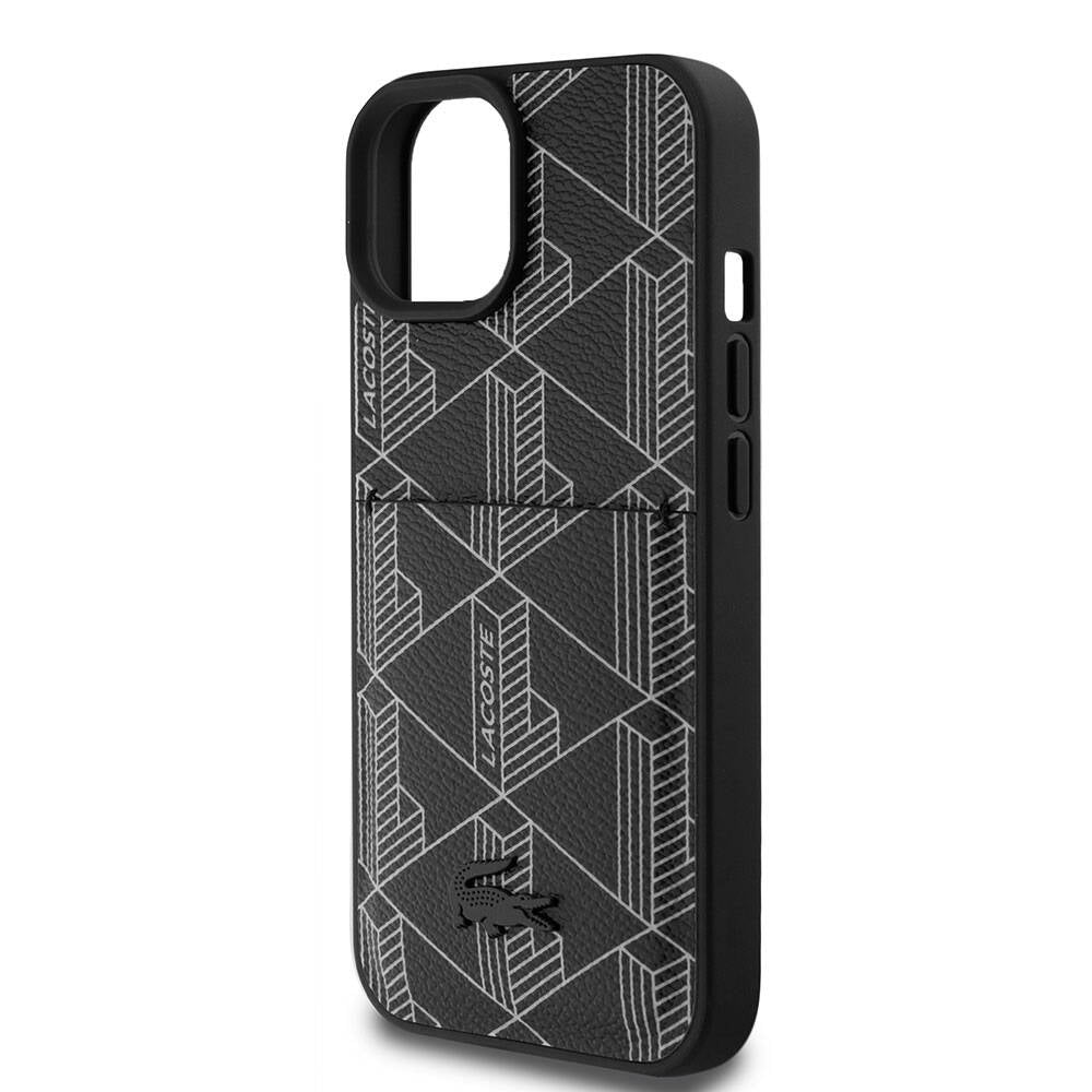 Lacoste iPhone 15 Orjinal Lisanslı PU Deri Görünümlü Kartlıklı Karışık Monogram Desenli Magsafe Kılıf