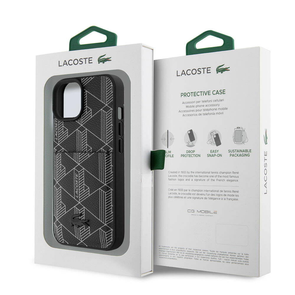 Lacoste iPhone 15 Orjinal Lisanslı PU Deri Görünümlü Kartlıklı Karışık Monogram Desenli Magsafe Kılıf