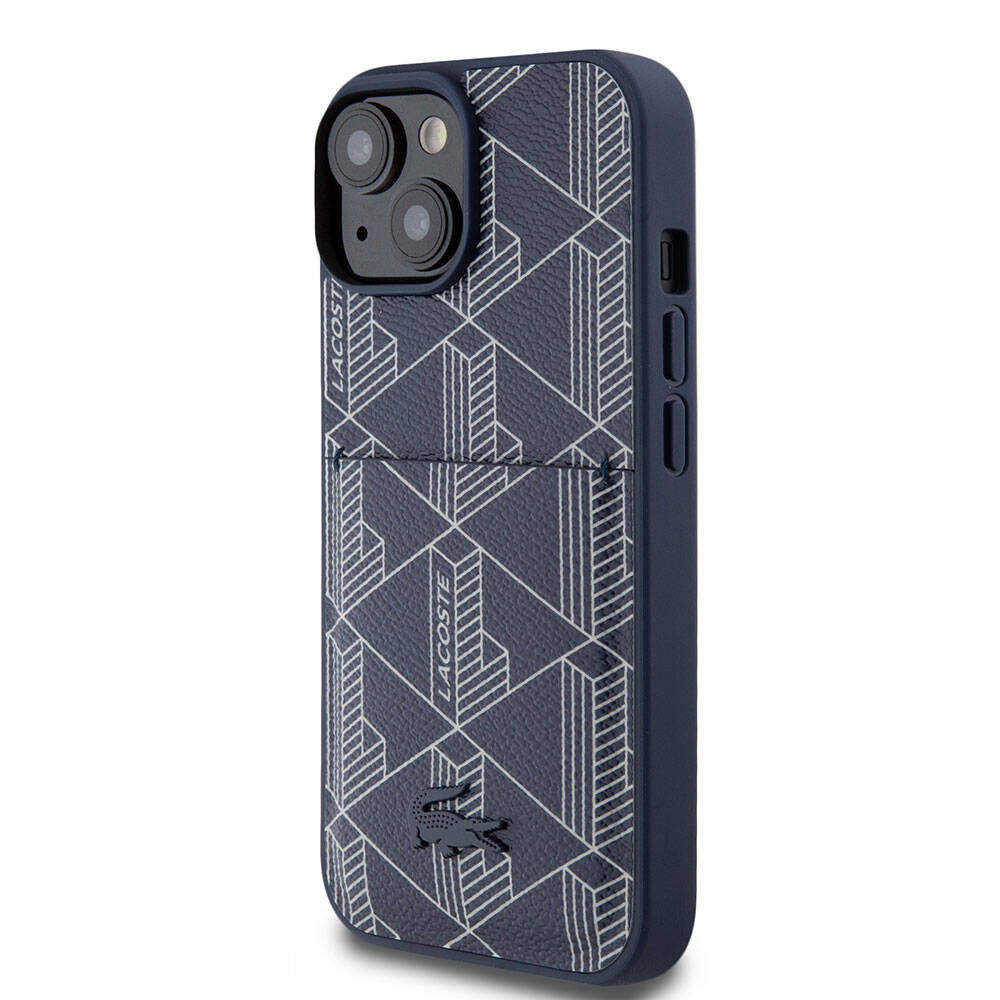 Lacoste iPhone 15 Orjinal Lisanslı PU Deri Görünümlü Kartlıklı Karışık Monogram Desenli Magsafe Kılıf