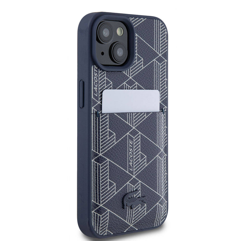Lacoste iPhone 15 Orjinal Lisanslı PU Deri Görünümlü Kartlıklı Karışık Monogram Desenli Magsafe Kılıf