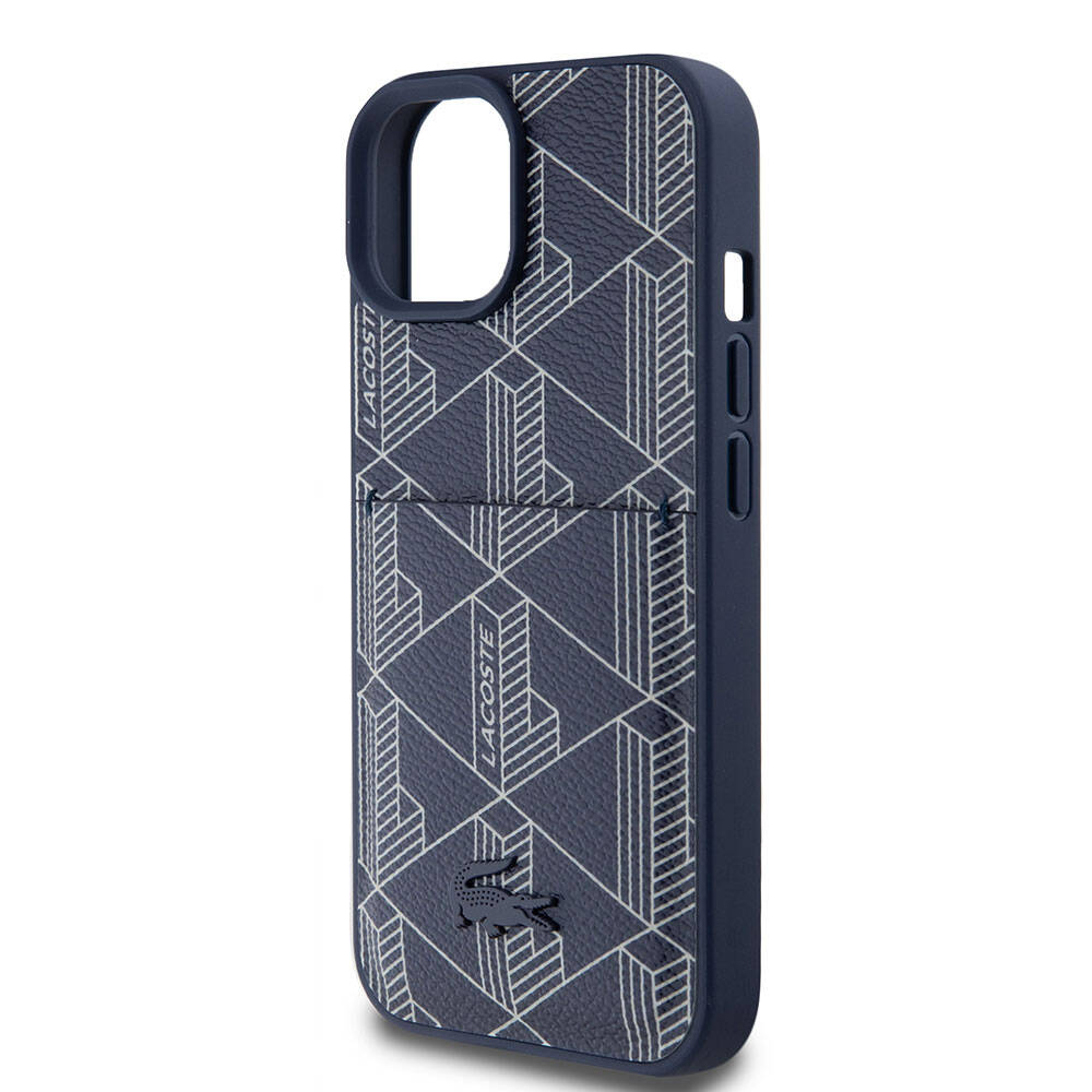 Lacoste iPhone 15 Orjinal Lisanslı PU Deri Görünümlü Kartlıklı Karışık Monogram Desenli Magsafe Kılıf