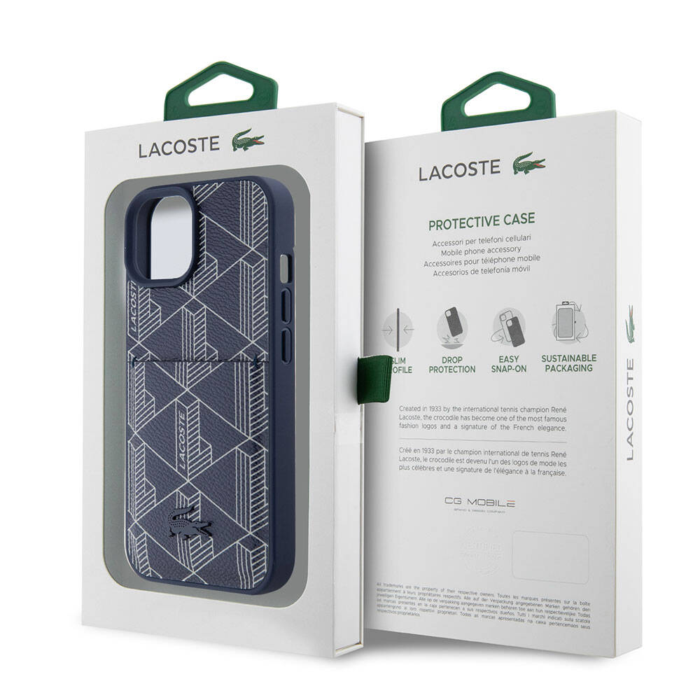 Lacoste iPhone 15 Orjinal Lisanslı PU Deri Görünümlü Kartlıklı Karışık Monogram Desenli Magsafe Kılıf