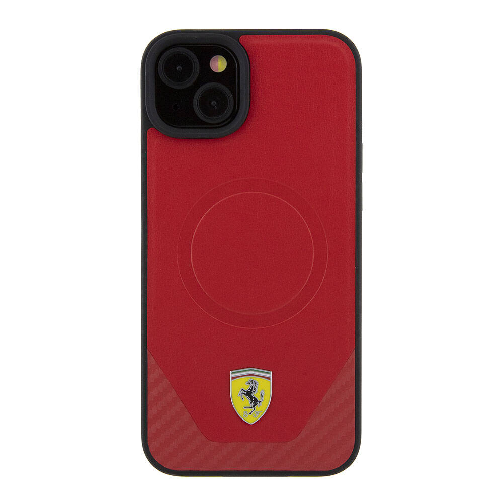 Ferrari iPhone 15 Plus Orjinal Lisanslı M-safe Şarj Özellikli Metal Logolu PU Karbon Kılıf