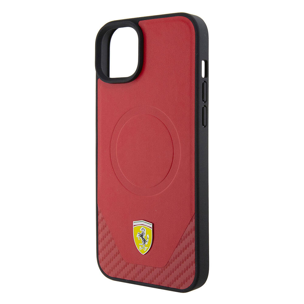 Ferrari iPhone 15 Plus Orjinal Lisanslı M-safe Şarj Özellikli Metal Logolu PU Karbon Kılıf