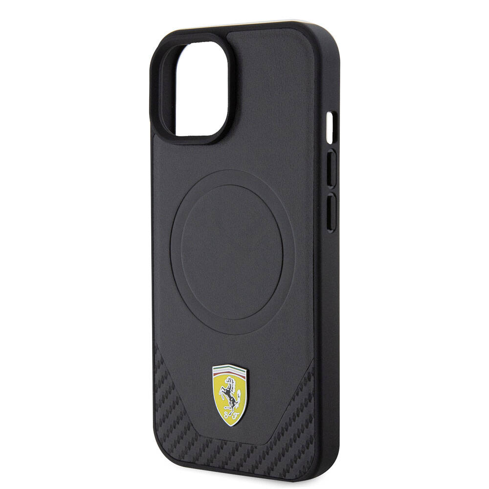 Ferrari iPhone 15 Plus Orjinal Lisanslı M-safe Şarj Özellikli Metal Logolu PU Karbon Kılıf