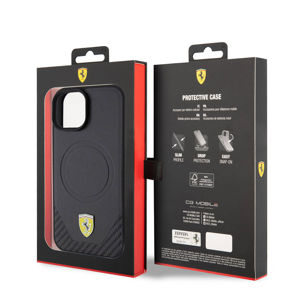 Ferrari iPhone 15 Plus Orjinal Lisanslı M-safe Şarj Özellikli Metal Logolu PU Karbon Kılıf