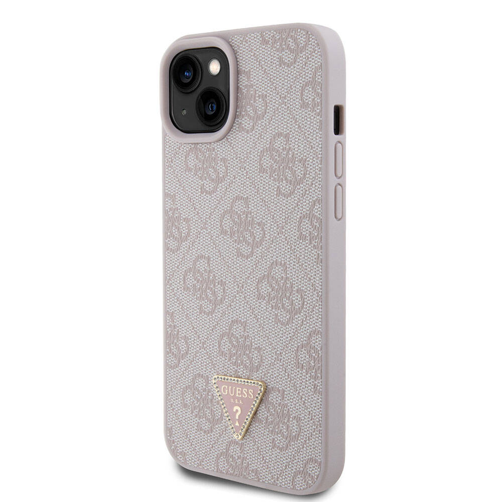 Guess iPhone 15 Plus Orjinal Lisanslı PU Deri Taşlı Üçgen Logo 4G Desenli Telefon Kılıfı - 2