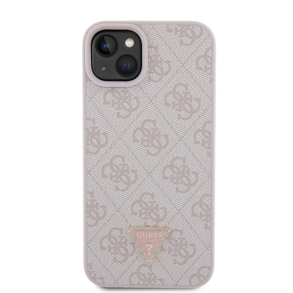 Guess iPhone 15 Plus Orjinal Lisanslı PU Deri Taşlı Üçgen Logo 4G Desenli Telefon Kılıfı - 3