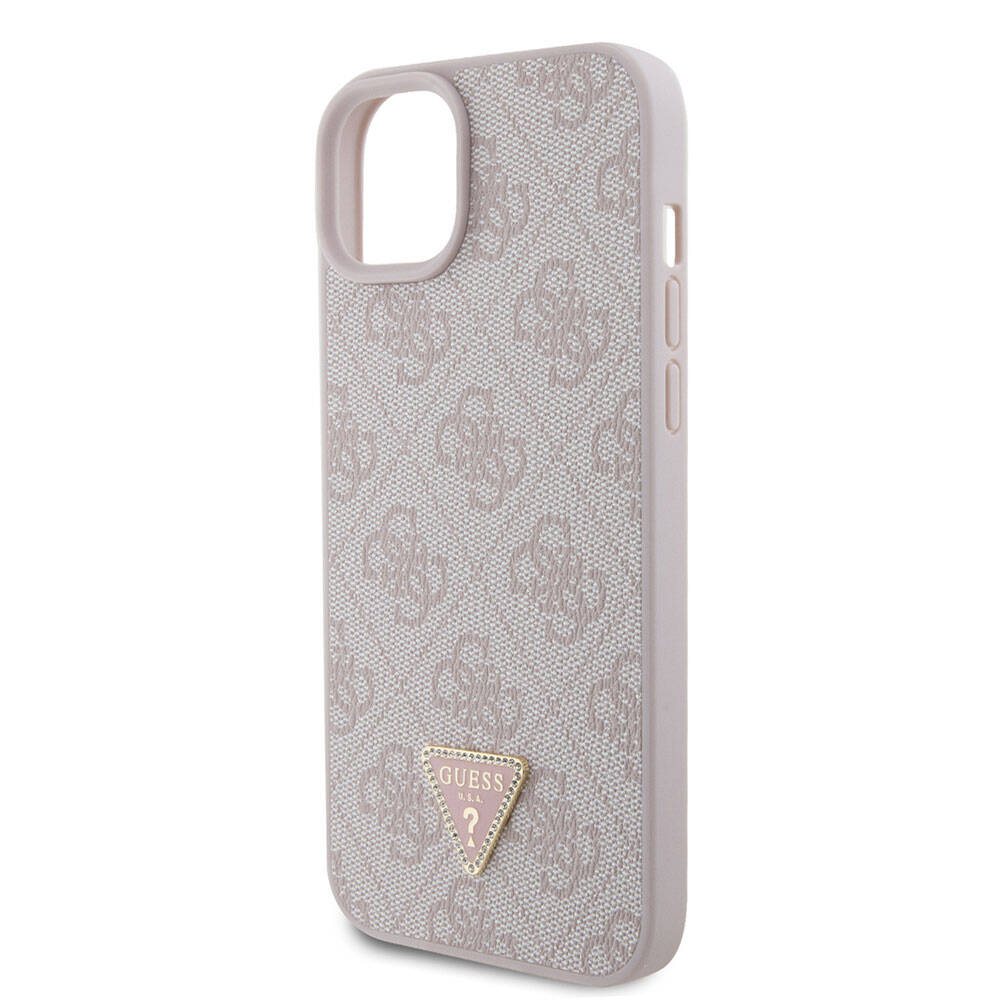 Guess iPhone 15 Plus Orjinal Lisanslı PU Deri Taşlı Üçgen Logo 4G Desenli Telefon Kılıfı - 5
