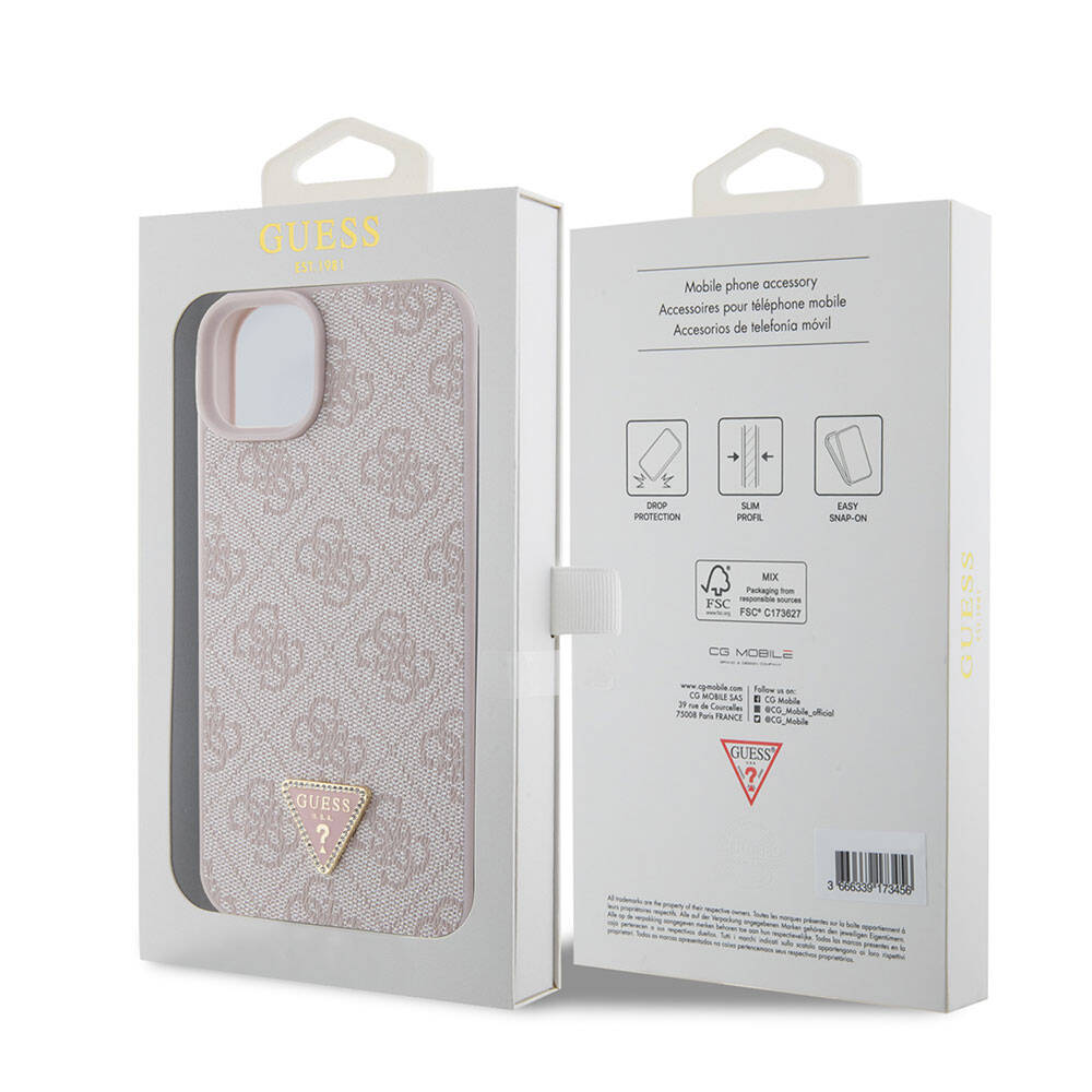 Guess iPhone 15 Plus Orjinal Lisanslı PU Deri Taşlı Üçgen Logo 4G Desenli Telefon Kılıfı - 7