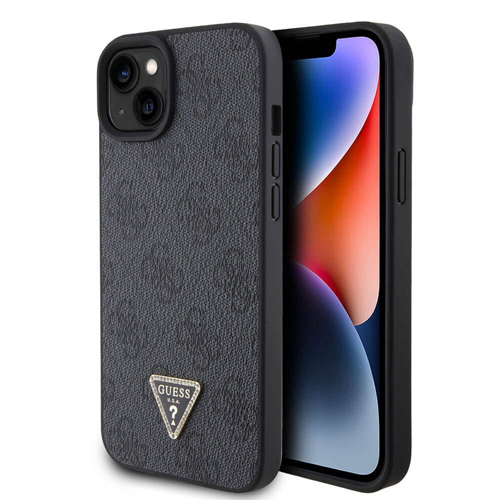 Guess iPhone 15 Plus Orjinal Lisanslı PU Deri Taşlı Üçgen Logo 4G Desenli Telefon Kılıfı - 8
