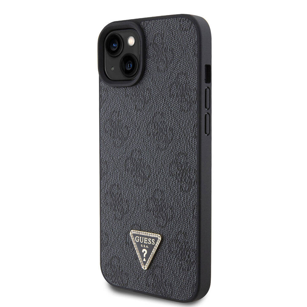 Guess iPhone 15 Plus Orjinal Lisanslı PU Deri Taşlı Üçgen Logo 4G Desenli Telefon Kılıfı - 9